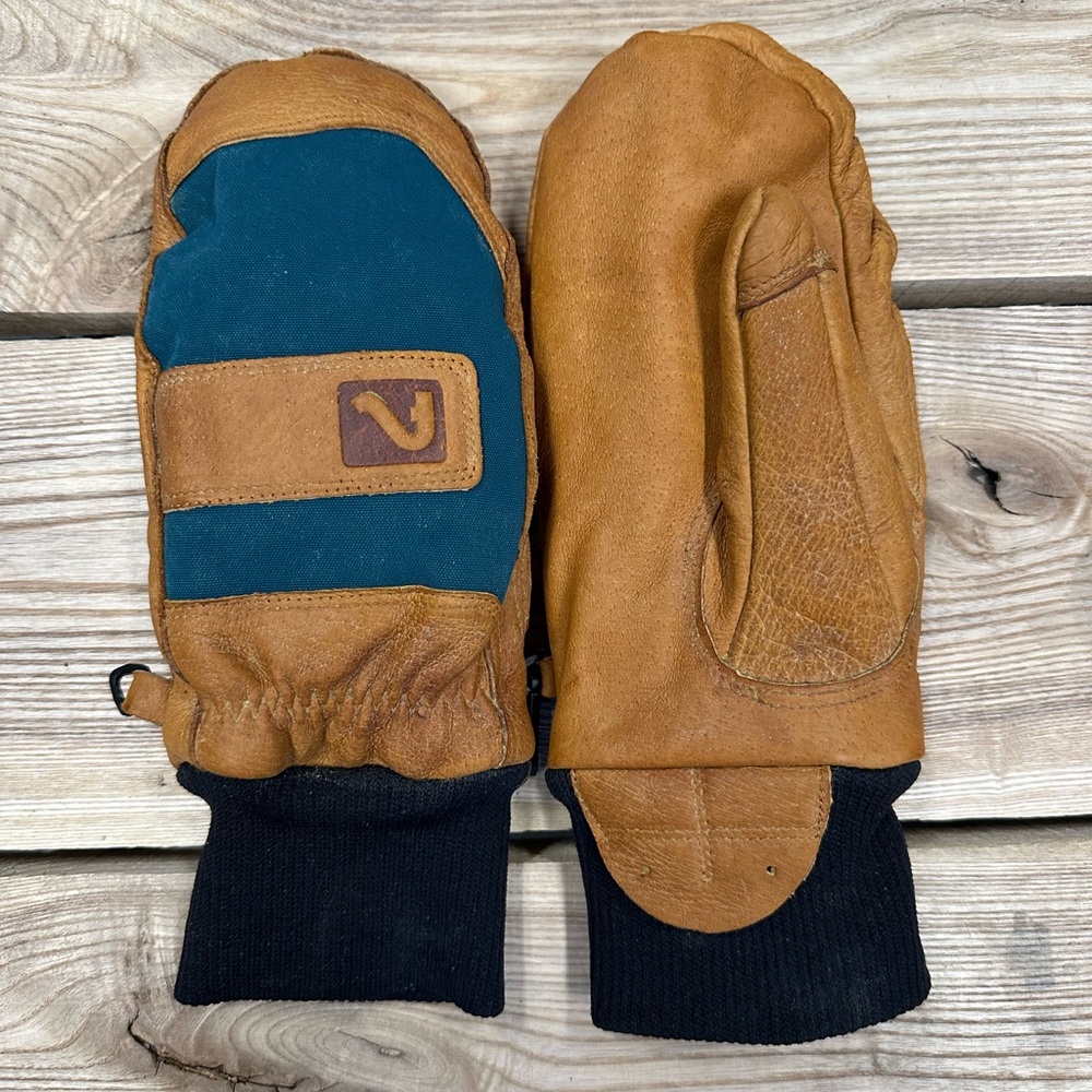 Brown and Blue Leather Mittens